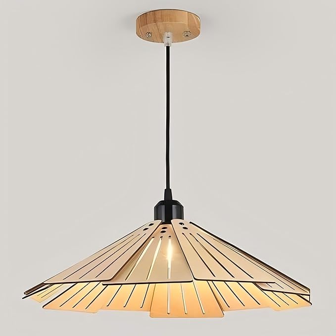 LIGHTLAND 16 Inch Wabi-Sabi Style Pendant Light, Wooden Hanging Light with Adjustable Hanging Length, Hanging Lamp for Bedroom, Dining Room, Bar - Hollowed, Wood Color, Pack of 1