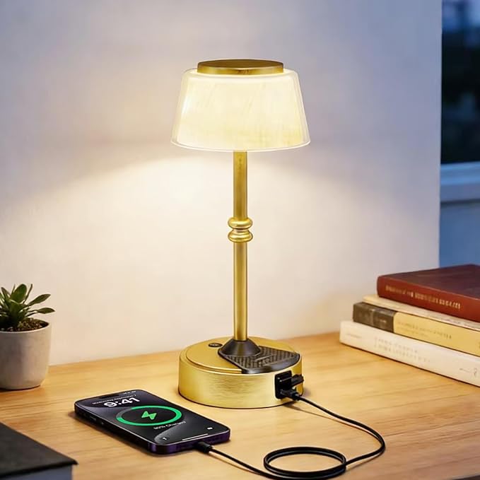 LED Cordless Lamp, 5 Colors Stepless Dimming Table Lamp, Built-in 4400mAh Rechargeable Battery with USB Charging Port, Portable Touch Bedside Light for Patio, Restaurant, Dining (1, Gold)