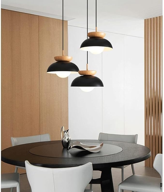 Scandinavian Modern Nordic Pendant Light with Wood Accent, Metal Dome & Frosted Globe Diffuser Suspension for Dining Table, Kitchen Island, Bedroom, Café and Entryway(Dark)