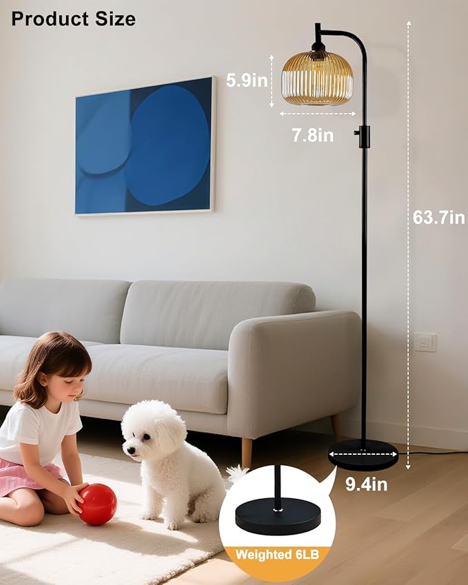 Lightdot 64IN Glass Floor Lamp for Living Room, Dimmable Modern Standing Lamps with Brown Ribbed Glass Shade, Industrial Floor Lamp with Bulb Included for Bedroom/Sofa Beside/Corner Decor-Black