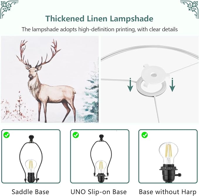13Inch Lamp Shade, Green Forest Lamp Shades for Christmas, HD Printing Deer Lampshade, Drum Lamp Shades fit with Spider/Uno, Lamp Shades for Floor Lamps, Table Lamps(1PCS, Easy Assembly)
