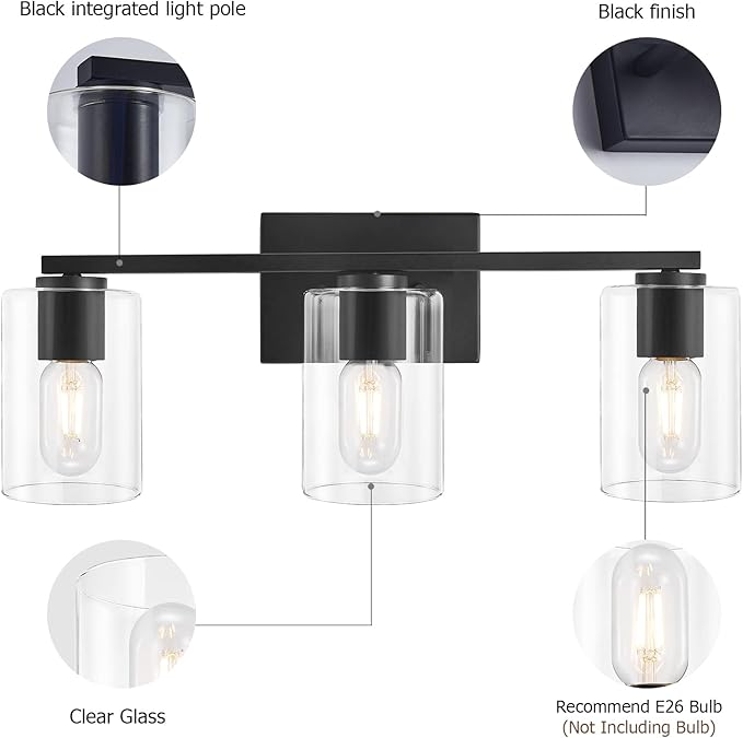 3 Light Black Vanity Lights,Modern Bathroom Vanity Light Fixtures Over Mirror,Industrial Bathroom Lighting for Bedroom,Kitchen