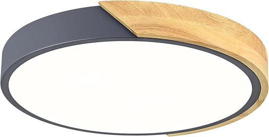 Vikaey Modern LED Ceiling Light, Minimalist Wood Flush Mount Ceiling Light Fixture, 4000K Not Dimmable, Circle Lighting Lamp with Acrylic Lampshade for Bedroom Dining Room Laundry (Grey, 11.8'')