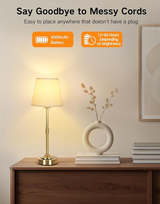 OUTON 2 Pack Cordless Table Lamp Rechargeable, Touch Dimmable LED Lamp with Fabric Shade, 3 Color Temperatures, USB-C Charging, Battery Display, Memory Function for Bedroom Living Room Patio, Gold