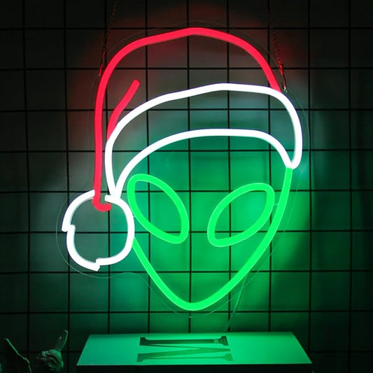 Christmas Neon Light Alien Neon Sign Green Red LED Sign Christmas Hat Neon Signs for Wall Decor Santa Hat Neon Lights for Bedroom Alien Decor Neon Wall Light for Xmas Party Decor