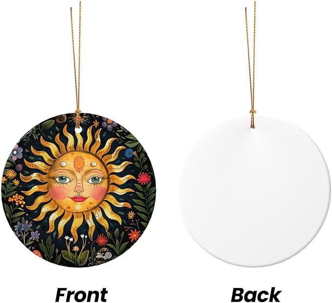 Sun Mushroom Flower Christmas Ornaments, Christmas Decorations Xmas Tree Hanging Ornaments, Round Ceramic Festive Keepsake Gift for Xmas Decorations Holiday Home Decor