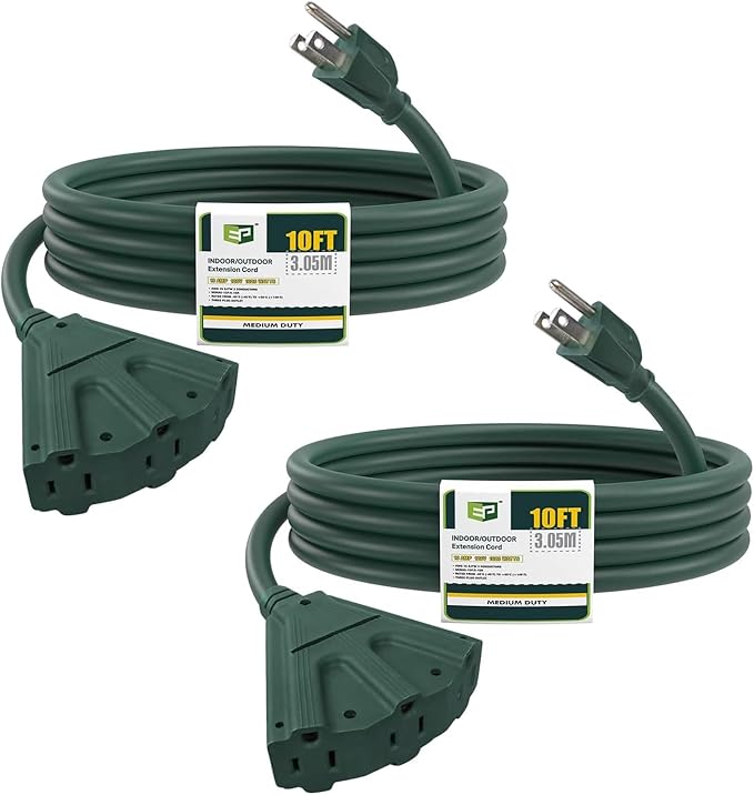 EP 2 Pack 10 Ft Outdoor Extension Cord with 3 Electrical Power Outlets - 16/3 SJTW Green Cable with 3 Prong Grounded Plug for Safety Great for Christmas Lights, Garden and Major Appliances