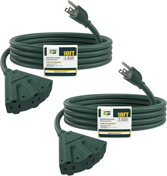 EP 2 Pack 10 Ft Outdoor Extension Cord with 3 Electrical Power Outlets - 16/3 SJTW Green Cable with 3 Prong Grounded Plug for Safety Great for Christmas Lights, Garden and Major Appliances