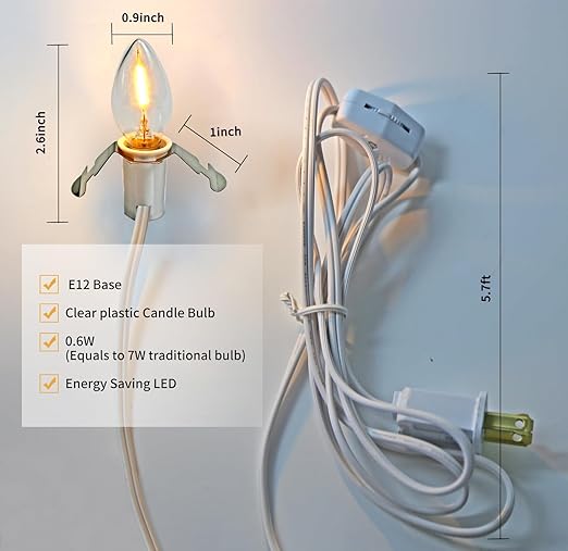 MX232 Set of 2 Accessory Cord with 2 Led Light Bulb 6 Ft White Cord with On/Off Switch Plugs e12 Candelabra LED Light Bulbs and Clips for Halloween Christmas Decorations Craft Village House Decoration