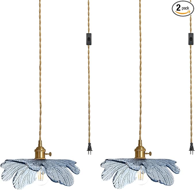 Plug in Pendant Light 2 Pack, Hanging Light with Plug in Cord On/Off Switch Modern Pendant Light fixtures with Blue Glass Shade Plug in Hanging lamp for Kitchen Dining Room Bedroom