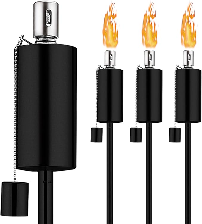 FAB BASED 55 Inch Outdoor Oil Torch Lamp–4 Pack Rustproof Stainless Steel Citronella Torches, 11.16 oz, Includes Funnel & Fiberglass Wicks for Patio Garden Backyard (Black)