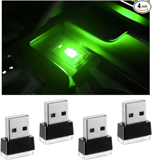 4 PCS USB LED Car Interior Atmosphere Lamp, Portable Plug-in 5V USB Car LED Interior Lighting Night Lamp, Mini USB Ambient Lighting Decor for Home Car Laptop Keyboard (Green)