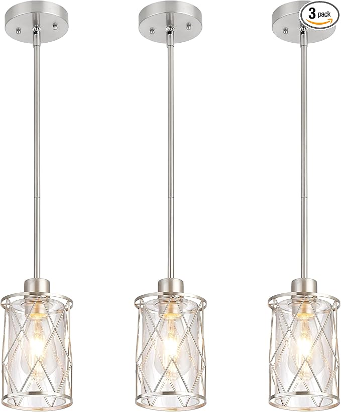 Refice Glass Pendant Lights Kitchen Island, Brushed Nickel Kitchen Hanging Light with Clear Glass, Farmhouse Cage Mini Pendant Lighting for Sink Dining Room Bedroom Bar, 3 Pack
