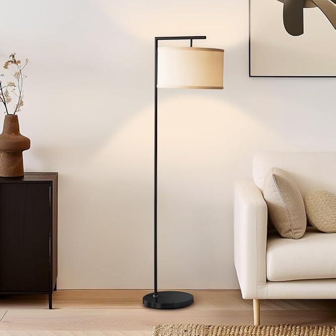 Brightech Montage Modern Floor Lamp - LED Standing Lamp with Tan Shade for Living Rooms & Offices - Bedroom Reading Light - Tall Corner Pole Lamp for Contemporary Home Decor - Black