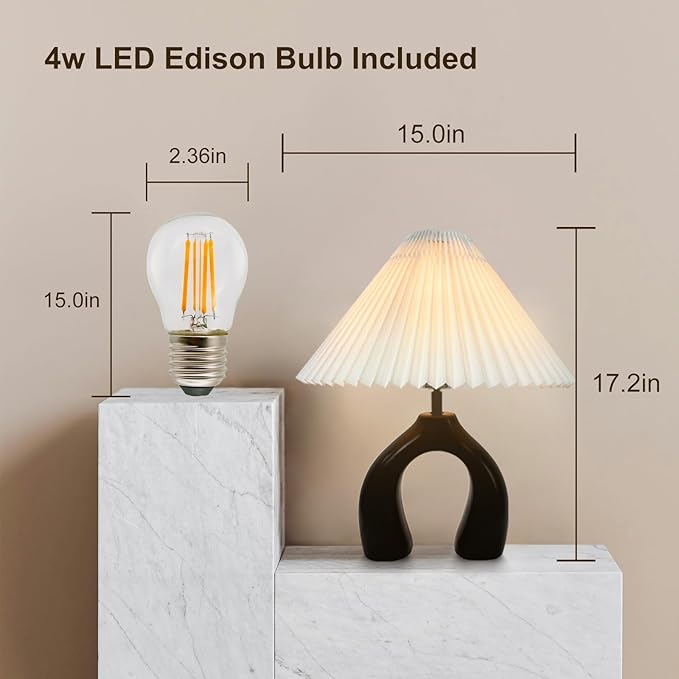 JuGuo 17.2" Ceramic Bedside Lamp - 3 Way Dimmable with USB Port & 4W Bulb - Touch Control Base and Pleated Lampshade - Ideal for Bedroom, Home Office and Living Room Decor.