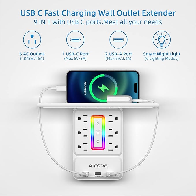 Socket Outlet Shelf,Wall Outlet Extender Surge Protector with Nightlight,6 Outlets with 3 USB Ports(1 USB C) Plug Expander Charger Shelf with Storage for Home,Dorm