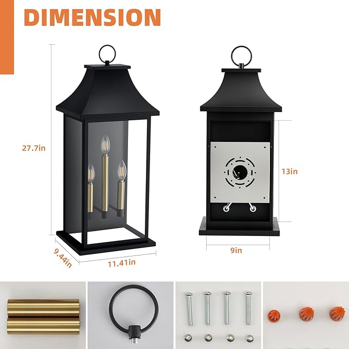tewei 28'' Large Outdoor Wall Light, Porch Light Outdoor Wall Sconce Lantern, 3-Light Black Exterior Lighting Fixture Wall Mount E12 Gold Base, Outside Light for House Backyard Garage, 1-Pack