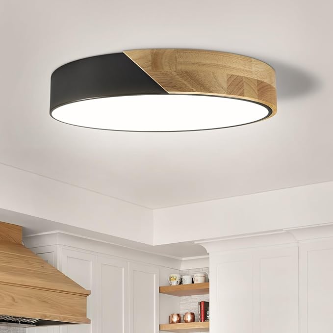 Modern Flush Mount Ceiling Light Fixture 12 Inch LED Ceiling Light, 24W Minimalist Round Shaped Wood Ceiling Lamp Natural White 4500K, Not Dimmable