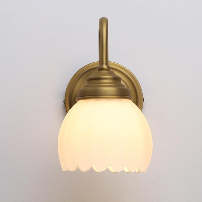 Pathson Milk White Wall Sconce Lamp with Tulip Thicken Glass, Modern Bathroom Sconce Hardwired Wall Vanity Light Indoor Decor for Mirror Living Room Foyer Loft Bedroom Farmhouse Lighting