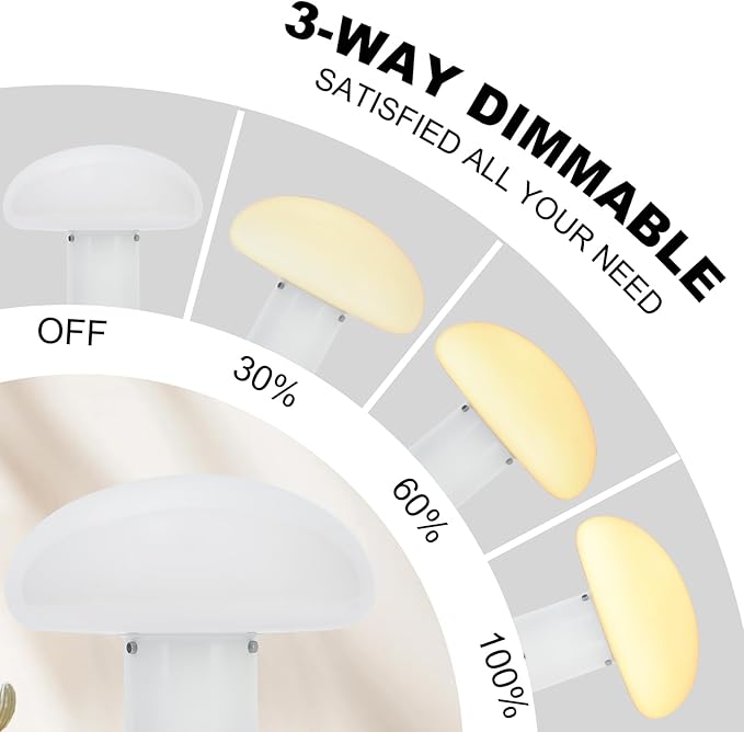 Mushroom Lamp with Touch Control Switch, 3 Way Dimmable Nightstand Lamp for Bedroom and Living Room, 6W LED Bulb Included (White)