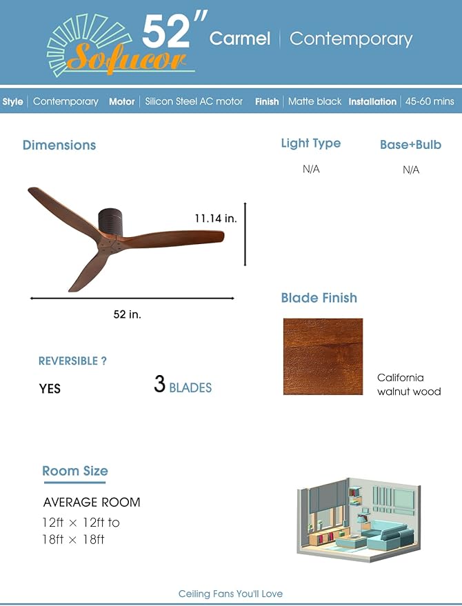 Sofucor 52'' Ceiling Fan no Light, Low Profile Flush Mount Ceiling Fan with Remote Control, Quiet Energy Saving with 6 Speeds, Timer, Brown