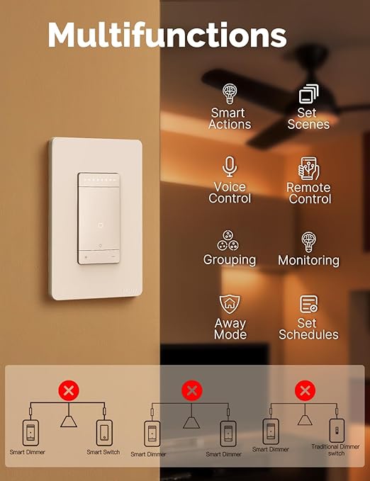 MOES 3 Way Smart Star Ring Dimmer Switch, 2.4GHz WiFi Dimmable Light Switch,Neutral Wire Required, Smart Life APP Remote Control, Works with Alexa & Google Assistant, Timer & Schedule White 1 Gang