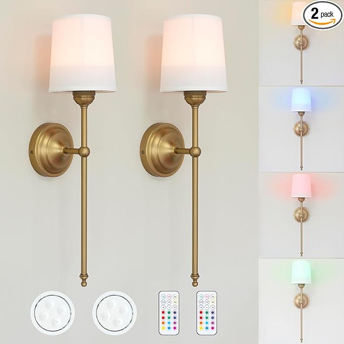 HEQIQEH Rustic Vintage Battery Operated Wall Sconce Light Fixture with Remote Control, Flared Funnel Linen Fabric Shade Dimmable Nightstand Lamps for Bedside Bedroom Living Room (Antique-1)