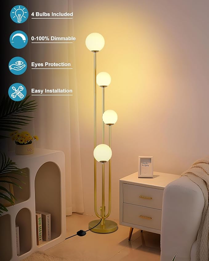 Lightdot Gold Globe Floor Lamp 4-Lights Dimmable Floor Lamps with 3000K Bulbs Included Unique Mid Century Modern Tall Standing Lamp for Living Room/Bedroom/Sofa Beside/Corner Decor