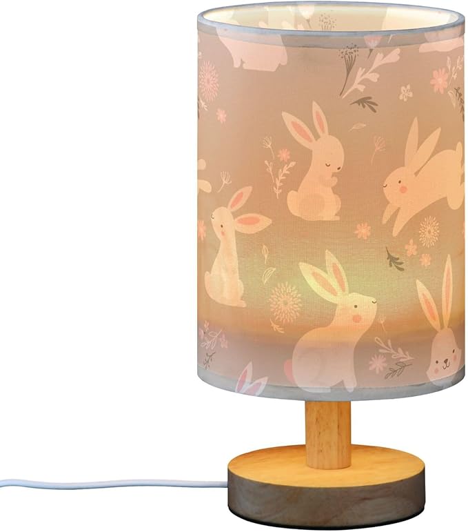 Table Lamp Easter Bunnies Rabbit Floral Nightstand Lamp with Wood Base Fabric Lamp Shade Bedside Desk Lamp for Living Room Bedroom Kids Room Office