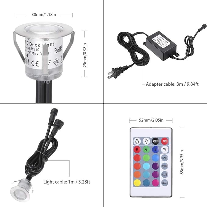 Lixada Recessed LED Deck Light 16 RGBW Colors/4 Lighting Modes Remote Control IP67 Waterproof LED in Ground Lights for Outdoor Yard Garden Stair Patio Pool Deck Kitchen -10Pack - RGBW Colors (30mm)
