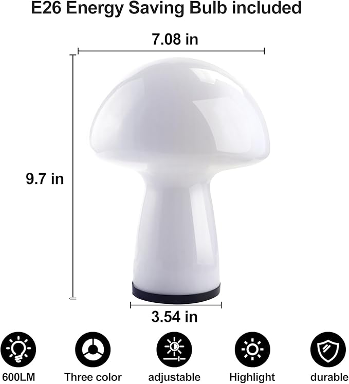 Mushroom lamp,Dimmable Glass Table Lamp,Vintage Style Table Lamp,White Bedside Desk lamp,Cute Table Lamps.（LED Bulbs Included）