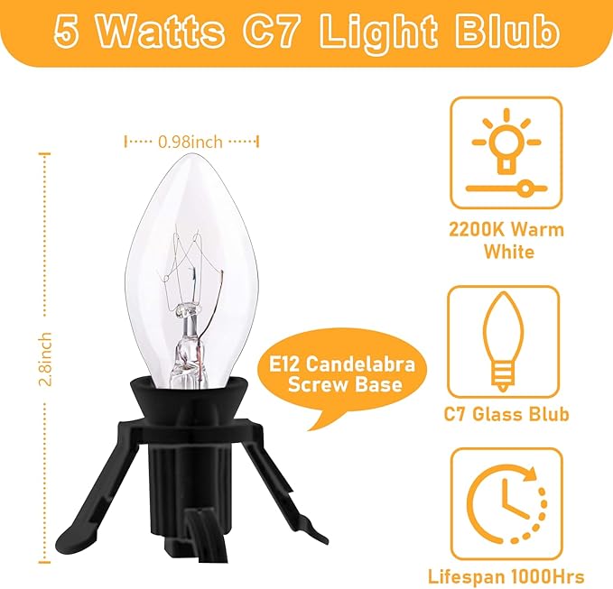 6FT Accessory Cord for Craft Lighting Halloween Pumpkin Christmas House Decorations, 4 Sets Candelabra-Base E12 Socket C7 Bulbs Clip Light with On/Off Switch Plugs (8 Bulbs, 4 Spare)