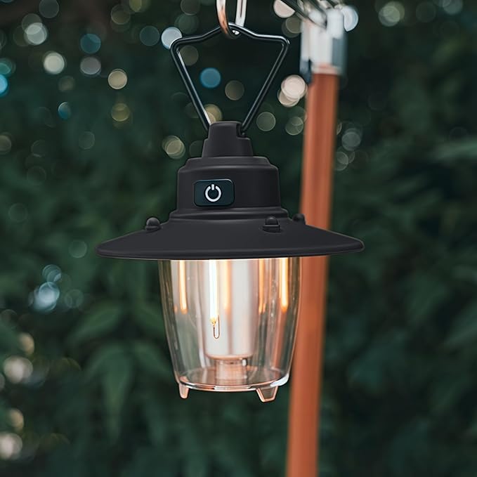 Hanging Camping Light, Antique Black, Rechargeable LED Camping Lantern with Three Light Modes, Cordless, Vintage, Weatherproof Tent Light for Camping, Outdoor, Emergency Use