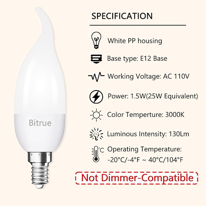 Bitrue LED Flickering Bulbs, 3 Modes Flickering Effect, E12 Chandelier Base Candle Flicker Bulb, Flicker Light Bulbs for Halloween Home Decor (E12-6 Pack)