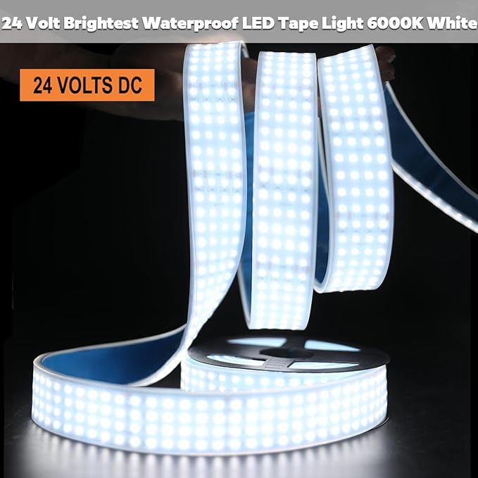 Quad Row Bright Outdoor IP67 Waterproof LED Light Strip 5M, 24V 2400 LEDs 17,650 lm/Roll High Output 6000K Daylight White CRI90+ 2835SMD 33mm Wide LED Strip Light with Adhesive (5m/16.4ft 6000K IP67)