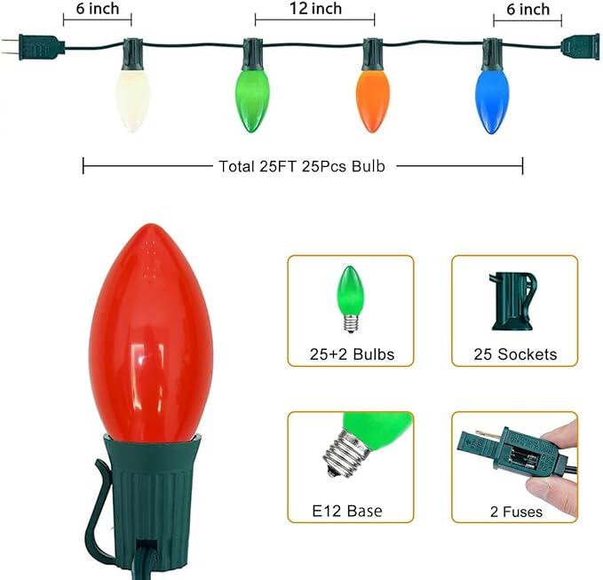 25FT C7 Multicolor Christmas Lights Outdoor, Waterproof LED String Lights with 25 Bulbs for Roof, Fence Patio Xmas Tree Holiday Decor
