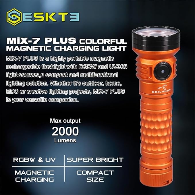 SKILHUNT Mix-7 GEN2 Plus 2000 Lumen RGB UV365 LED Flashlight Magnetic Charging Multi-Color Torch with Red, Green, Blue, White Light for Outdoor, Hunting, Inspection, Tactical Use (Black, Cool White)