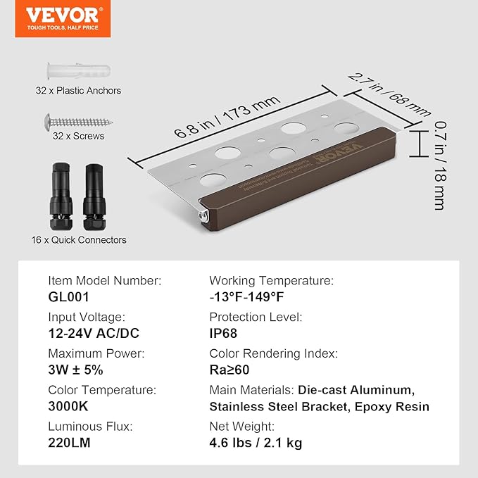 VEVOR LED Hardscape Lighting, 6.8 Inch Retaining Wall Lights, 3W 12V-24V AC/DC Low Voltage Paver Light, IP68 Waterproof Outdoor Step Lights, 3000K Swivel Hardscape with Connectors (8 Pack Soft White)