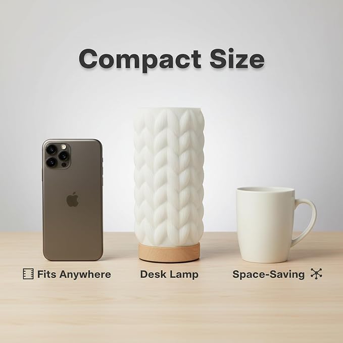 3D Printed Mini Lamp, Small Bedside Lamp with 3-Color Dimmable LED, Small Nightstand Lamp for Tight Spaces, Beautiful Lamp with Wooden Base - Honeycomb