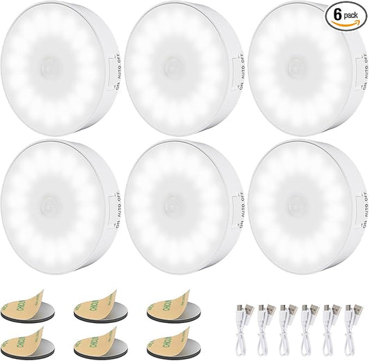 6 Pack Motion Sensor Light Indoor [Upgraded 14 LEDs], USB Rechargeable Night Light, Long Last Battery & 3 Light Modes, Wireless Magnetic Nightlight for Closet, Stairs, Hallway - Cold White