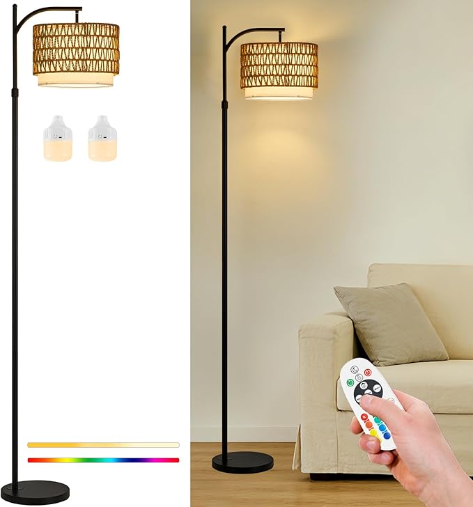 Dual-Shade Boho Floor Lamp with Rattan & Fabric - 2X Bright Dual-Bulb System, Cordless Operation & Weighted Base for Stability Modern Lighting for Bedroom/Office, No Wiring Needed