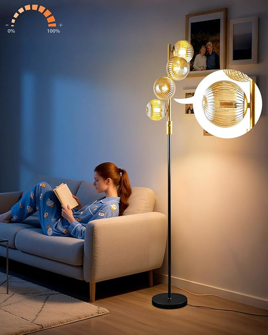 Lightdot 64IN Dimmable Floor Lamp with Glass Globe Shade, Modern Gold &Black Standing Lamps with 4PCS Warm White Bulbs Included, Mid Century Floor Lamp for Living Room/Sofa Beside/Corner Decor