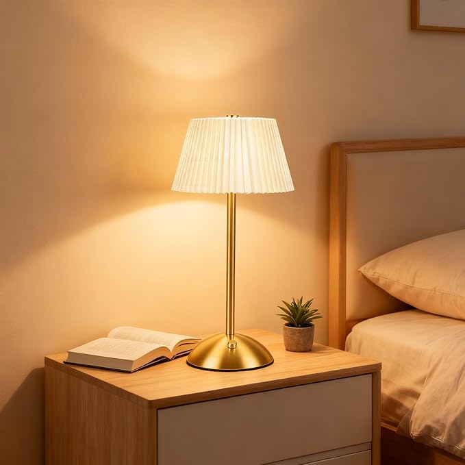 Hyuduo Pleated Table Lamp, Cordless Touch Control with 1200mAh Rechargeable Battery, Portable Nightstand Lamp for Bedroom Living Room Home Office (Beige)