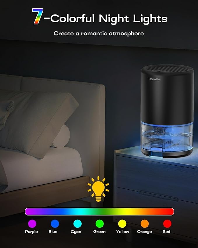 Dehumidifier, 35 oz Small Dehumidifiers for Home, Bathroom, Bedroom, Closet, Ultra-Quiet with Sleep Mode, 7 Color Lights & Auto Shut Off, Compact & Portable for RV, Rooms, Basement, Energy Saving