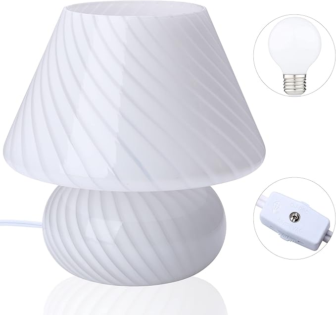 BSOD Swirl Mushroom Lamp, Vintage Bedside Table Lamps 9.9" Striped White Translucent Murano Glass Big Mushroom Decor Night Light for Desk, Bedroom, Nightstand, Home Office, Birthday Gifts...
