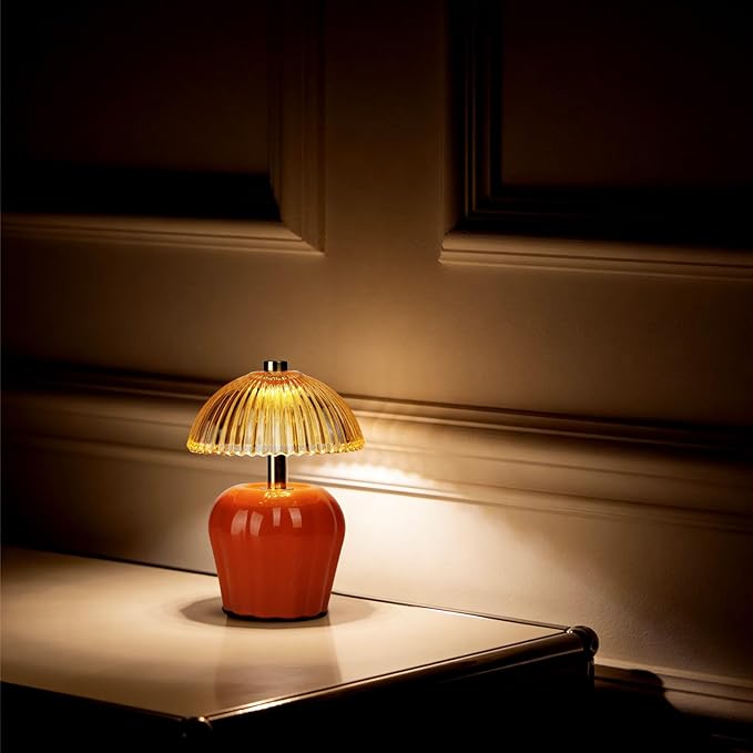 MJ PREMIER Small Cordless Lamp, Battery Operated Lamp with Timer, Mini Crystal Glass Mushroom Lampshade, Cute Small Table Lamps, Decorative Led Light for Bedroom Living Room Shelf (Orange)