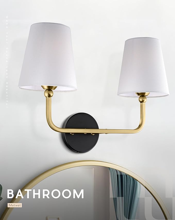 2-Light Bathroom Light Fixtures, Black and Gold Vanity Lights, Double Wall Sconce with Flared White Fabric Shade, Modern Sconces Wall Lighting for Hallway Bedroom Stairway, VL837-KG-2