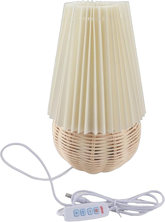Garosa Small Pleated Modern Nightstand Table Lamp Cute Rattan Bedside Night Light Beige Lampshade Pleated Aesthetic Vintage Lamp Mini Lamp for Bedroom Living Room Home Decorative