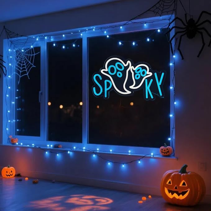 Halloween SPOOKY Neon Sign for Wall USB Powered Neon Light Up Sign for Halloween Party Decorations Bedroom Cave Room Decor Halloween Led Sign for Home Bar Window Porch Front Door Decorations