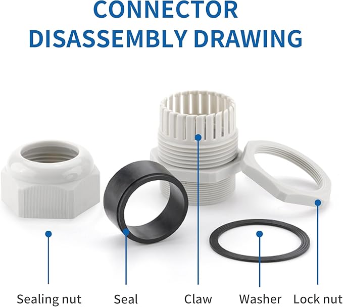 Cable Gland Waterproof,LISTENJIALE 50 pcs Adjustable 3-16mm Waterproof Cable Connectors PG7 PG9 PG11 PG13.5 PG16 PG19 Plastic Cable Gland Joints with Gaskets in PP Box(White)
